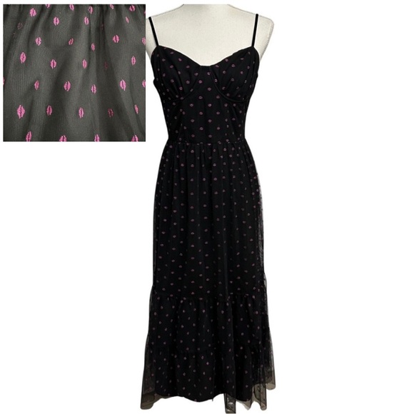 Betsey Johnson Dresses & Skirts - Betsey Johnson Corset Tiered Dress SZ 14 Black Pink Lip Print Dark Romantic NWT